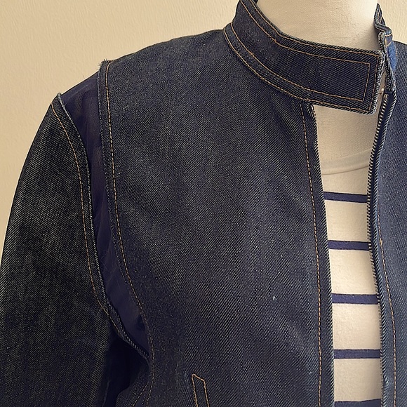 Vintage Gucci Denim Moto Jacket Dark Wash Zip Front Sheer Panel Inserts EUC Sz 8 - Picture 2 of 9